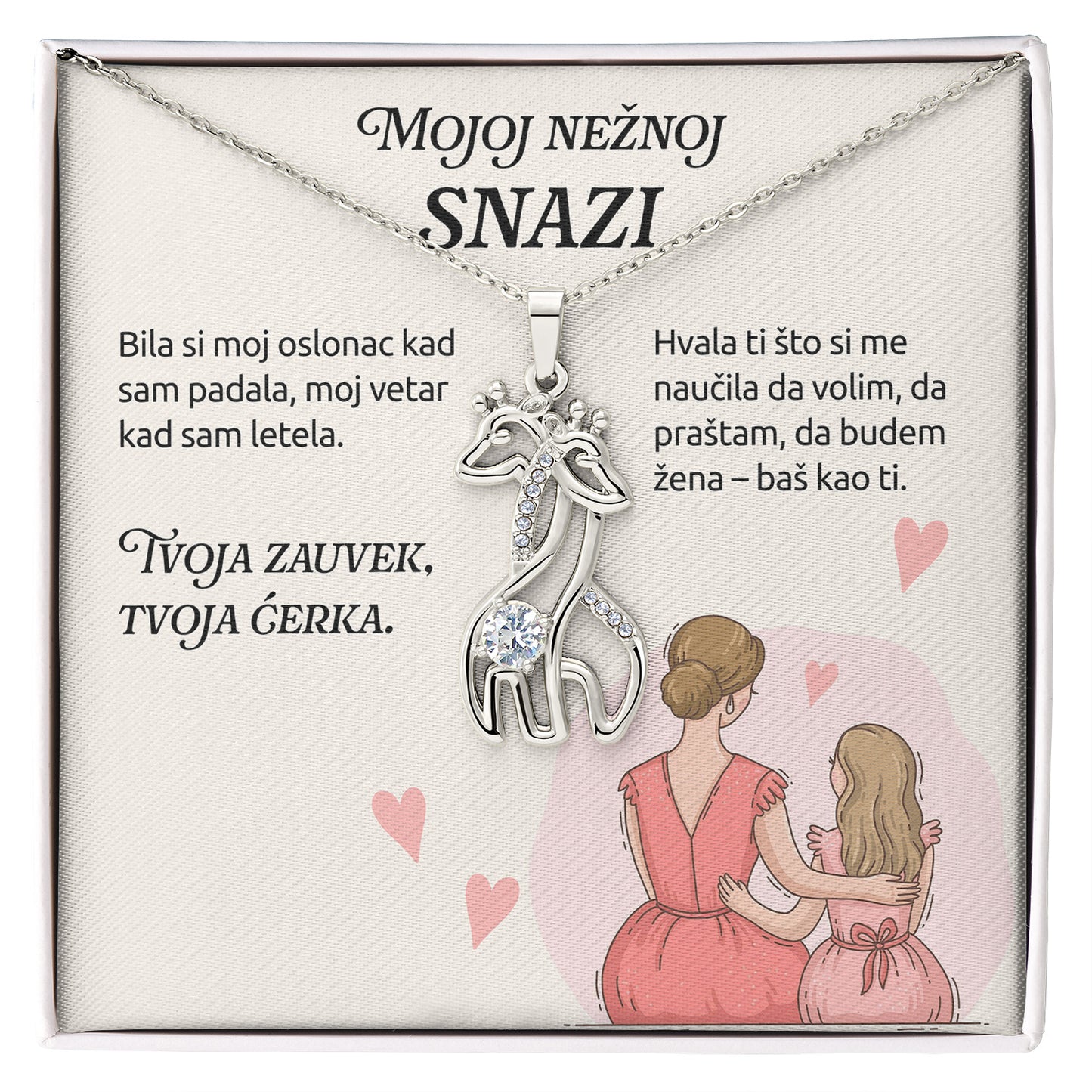 Mojoj nežnoj snazi – Posveta sa lančićem za majku od ćerke (Žirafa)