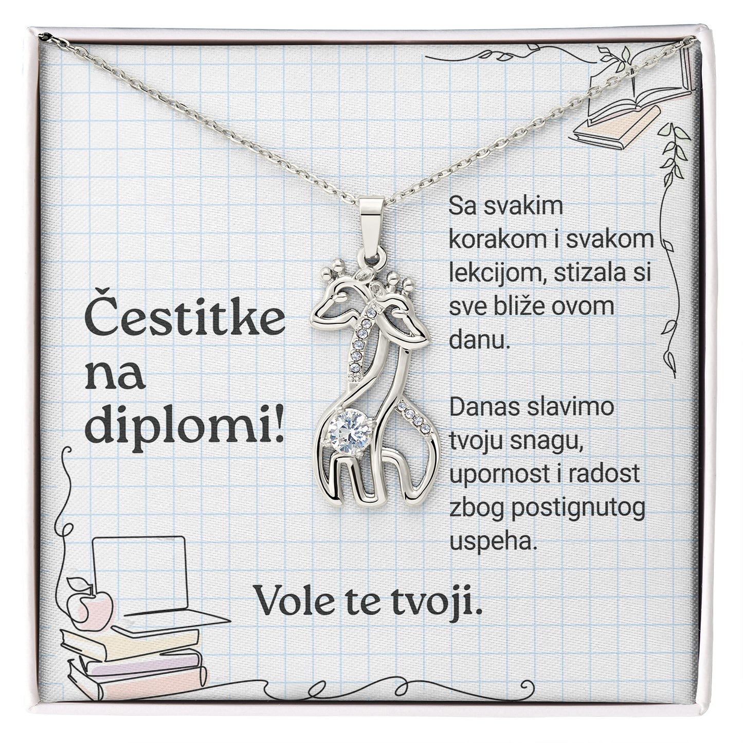 Čestitke na diplomi! - Posveta sa lančićem za učenicu (Žirafa)