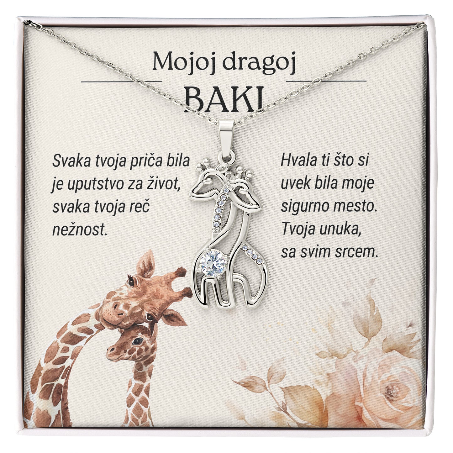 Mojoj dragoj baki – Posveta sa lančićem za baku od unuke (Žirafa)