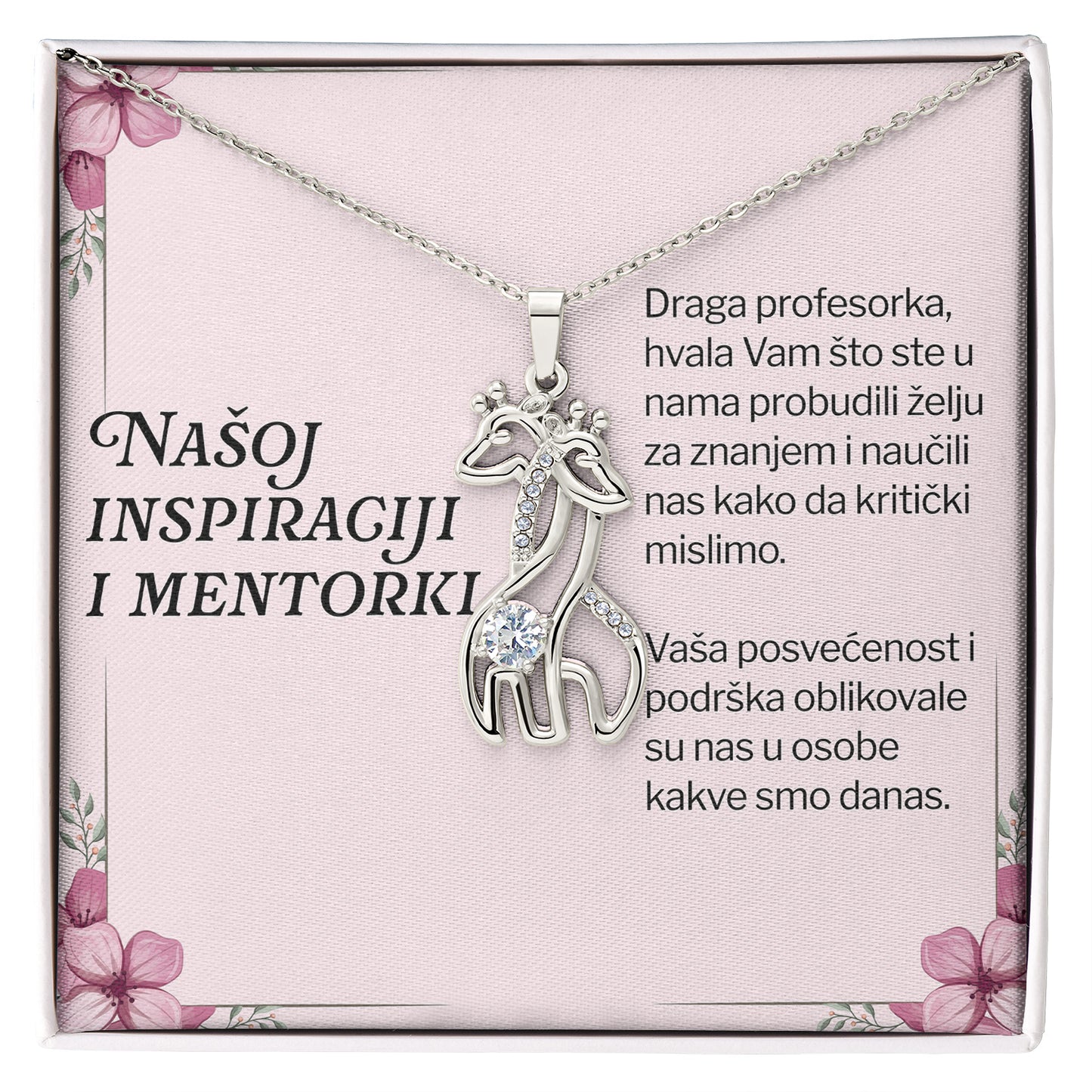 Našoj inspiraciji i mentorki - Posveta sa lančićem za učiteljicu (Žirafa)