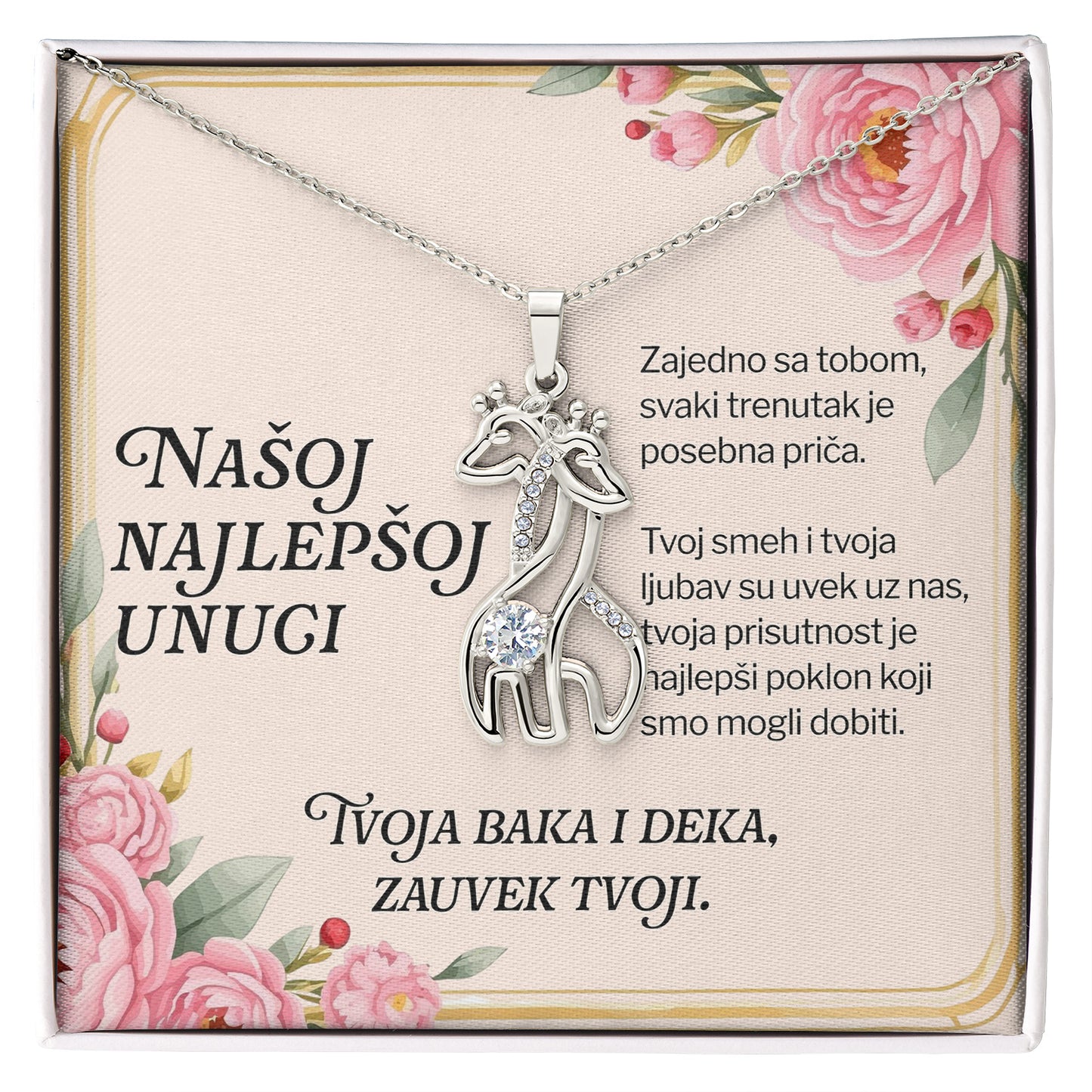 Našoj najlepšoj unuci – Posveta sa lančićem za unuku od bake i deke (Žirafa)