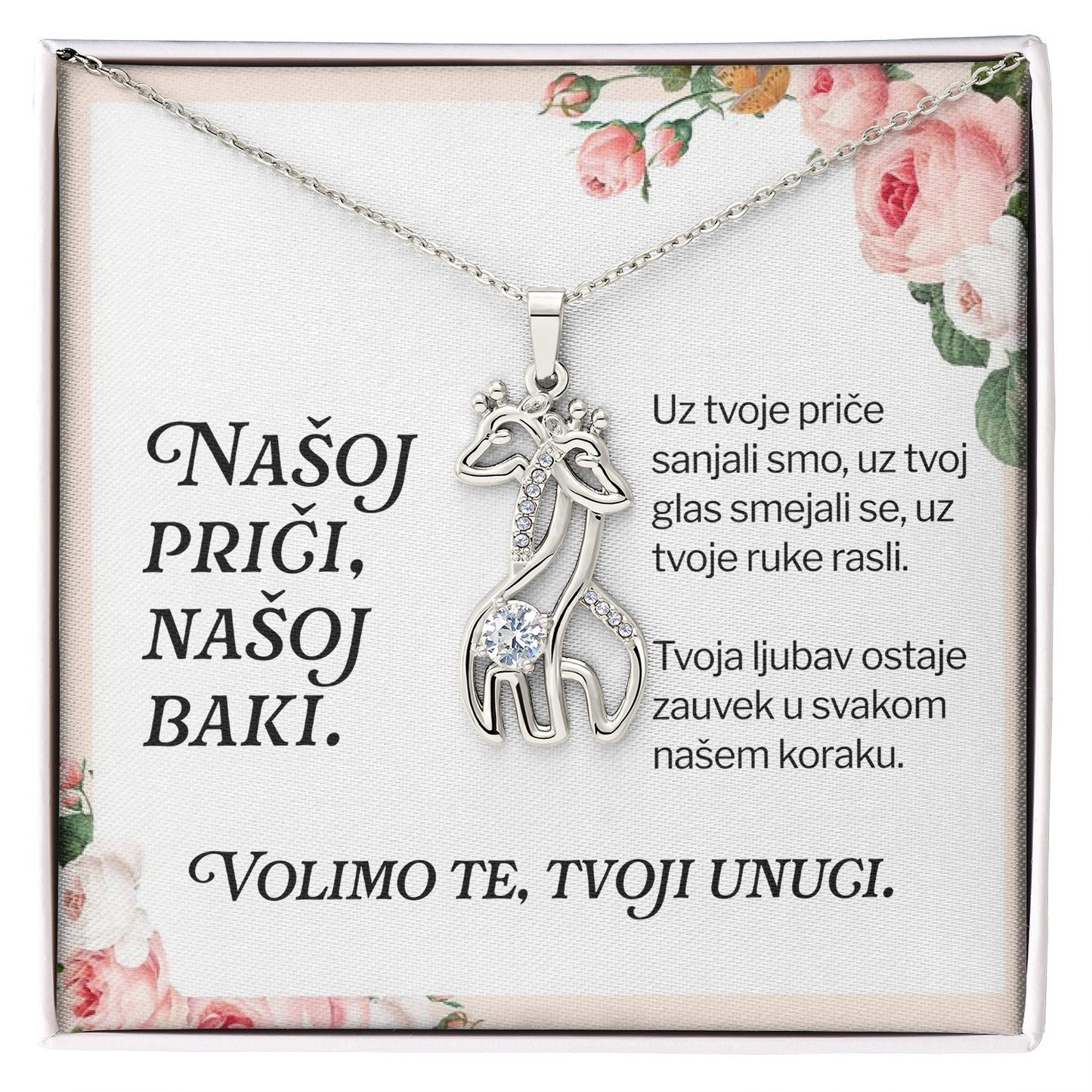Našoj priči, našoj baki – Posveta sa lančićem za baku od unuke i unuka (Žirafa)