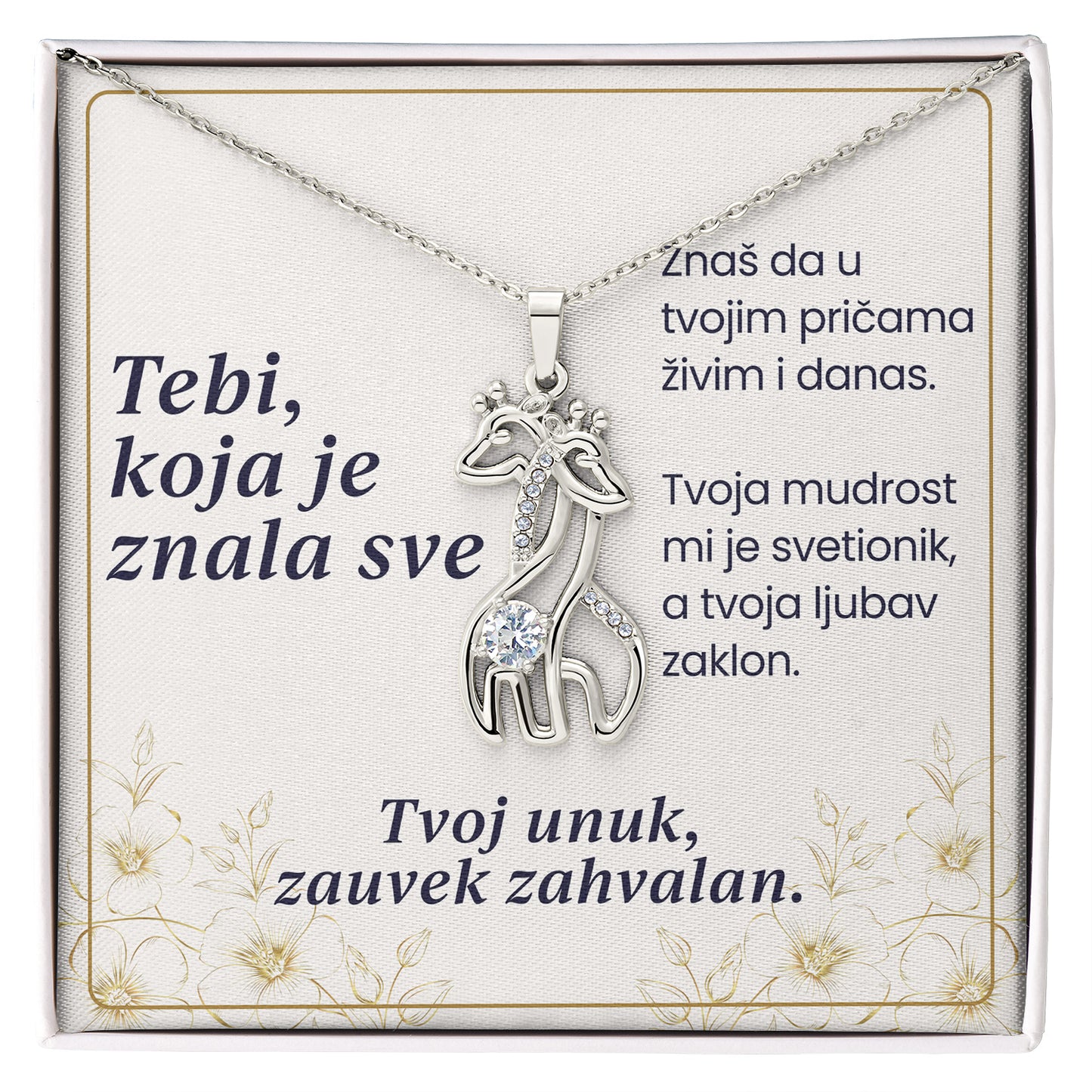 Tebi, koja je znala sve– Posveta sa lančićem za baku od unuka (Žirafa)