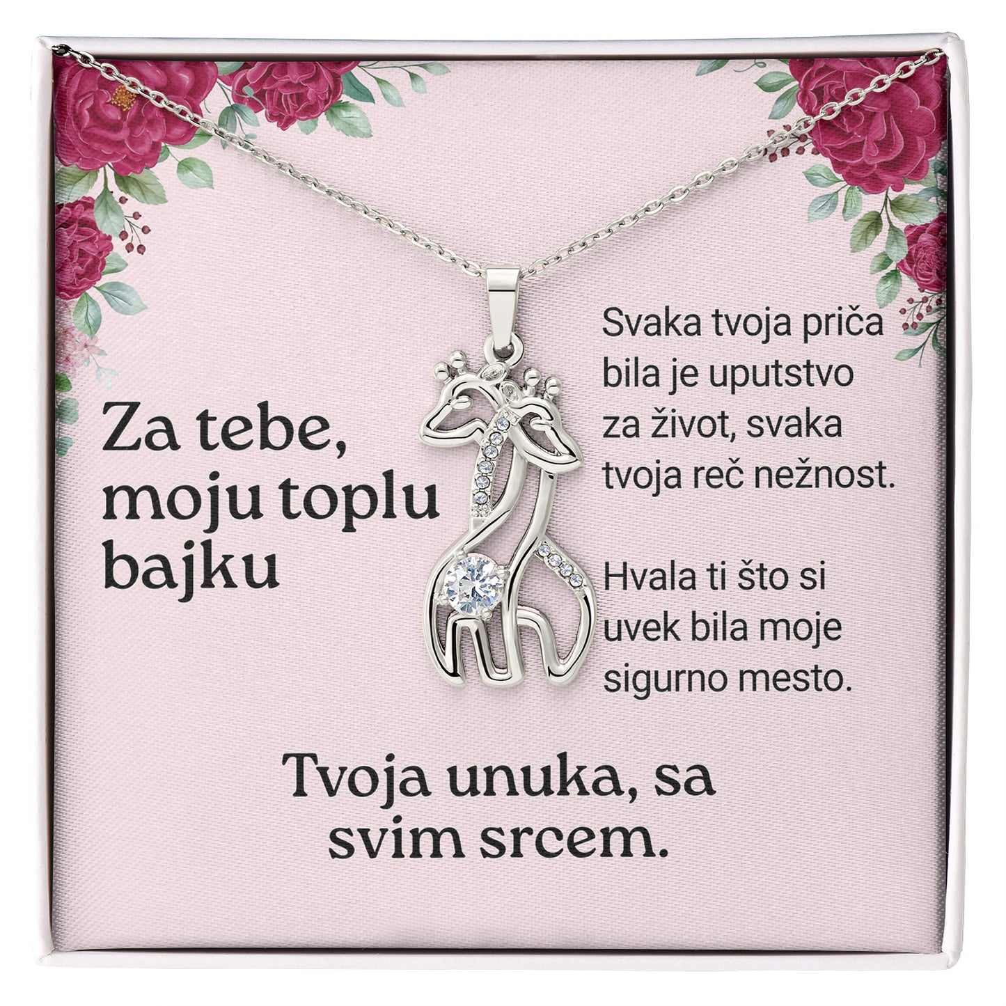 Za tebe, moju toplu bajku – Posveta sa lančićem za baku od unuke (Žirafa)