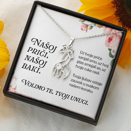 Našoj priči, našoj baki – Posveta sa lančićem za baku od unuke i unuka (Žirafa)