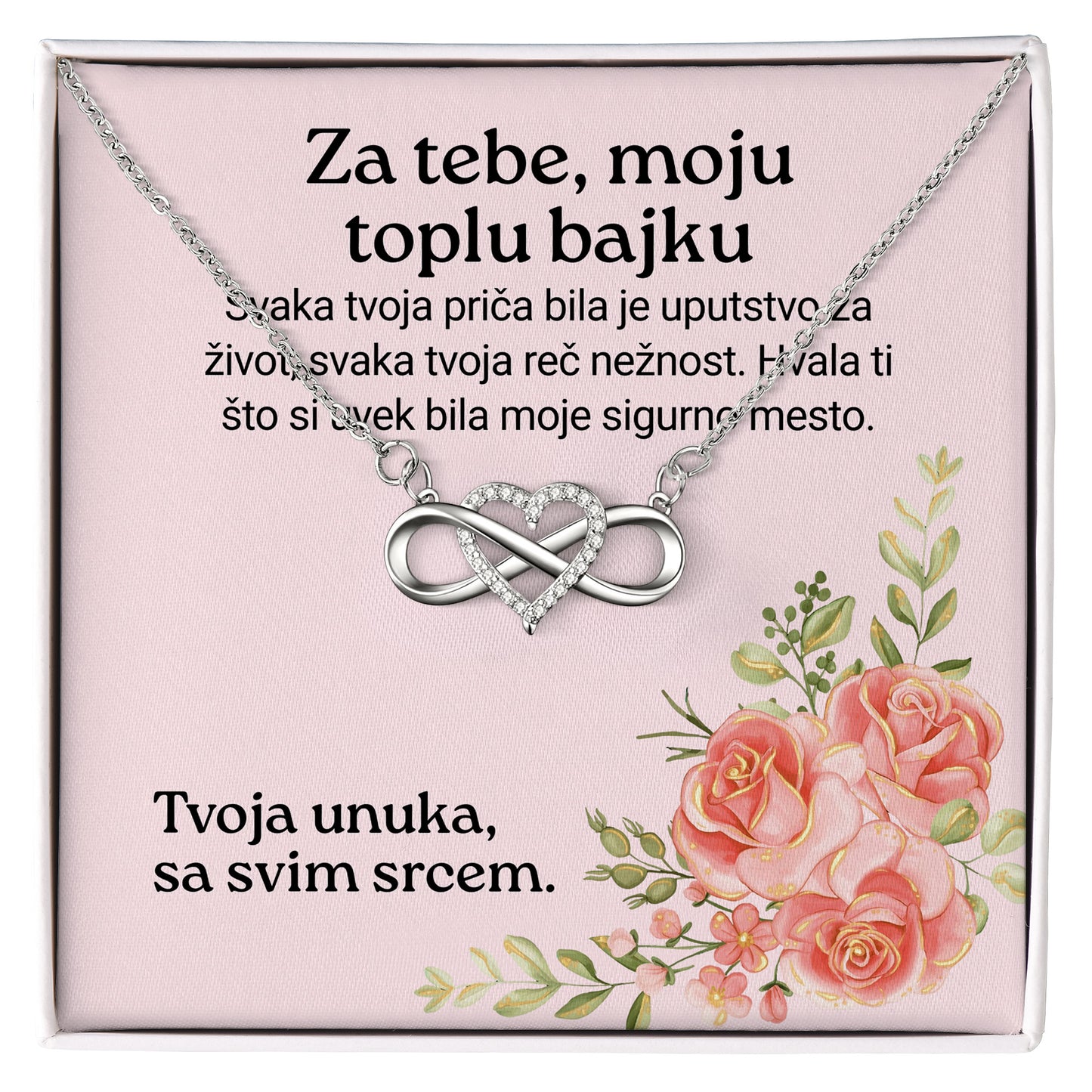 Za tebe, moju toplu bajku – Posveta sa lančićem za baku od unuke (pink ruže)