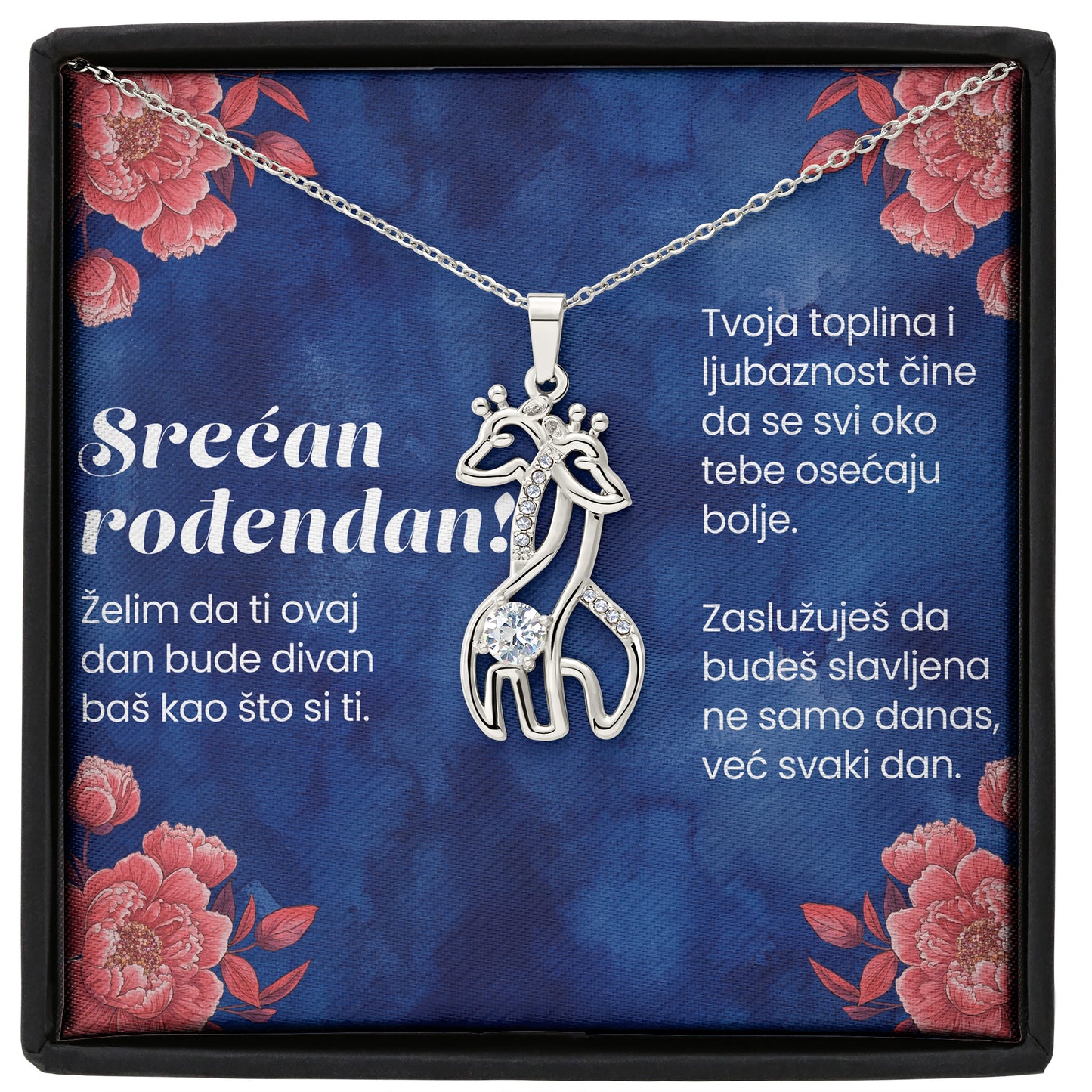 Srećan rođendan! - Posveta sa lančićem za rođendan (Žirafa), cvetna