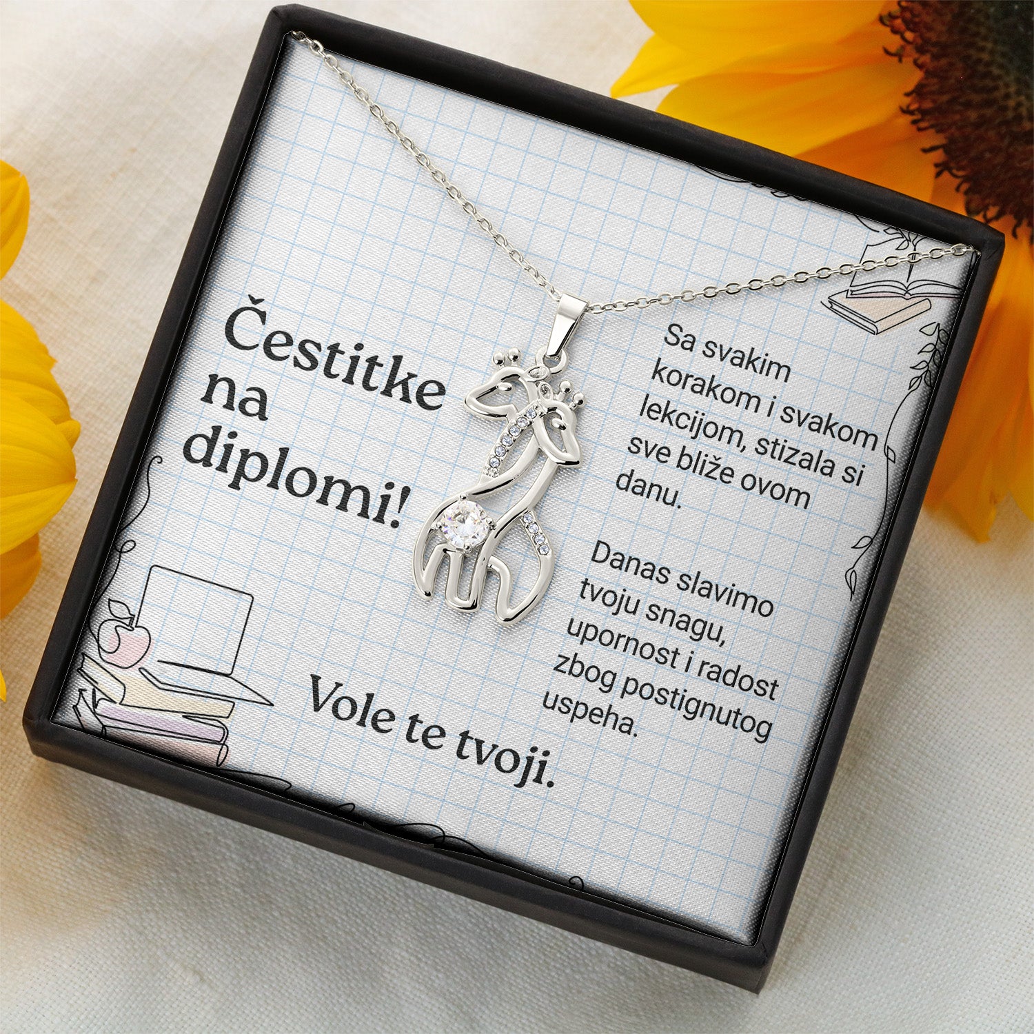 Čestitke na diplomi! - Posveta sa lančićem za učenicu (Žirafa)