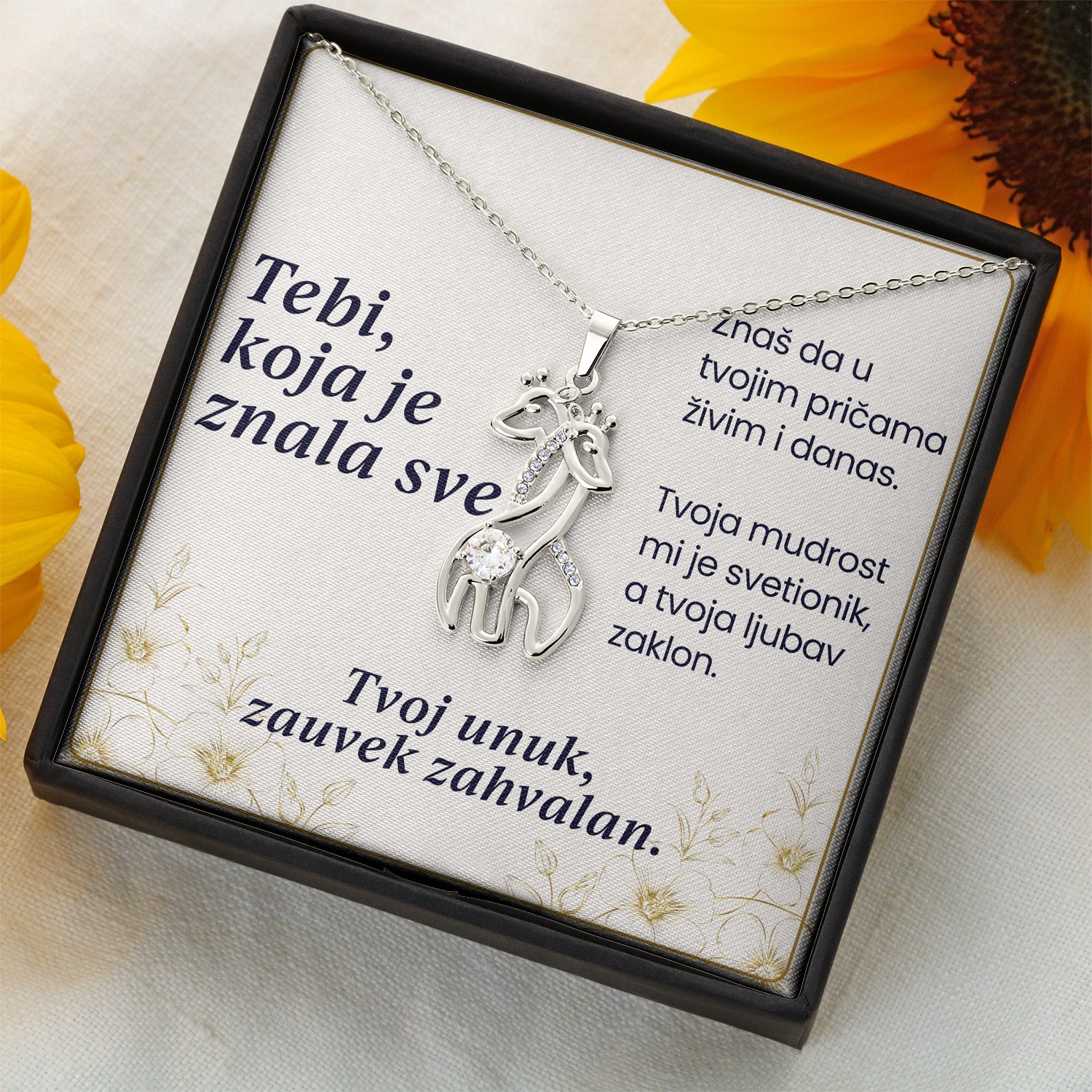 Tebi, koja je znala sve– Posveta sa lančićem za baku od unuka (Žirafa)