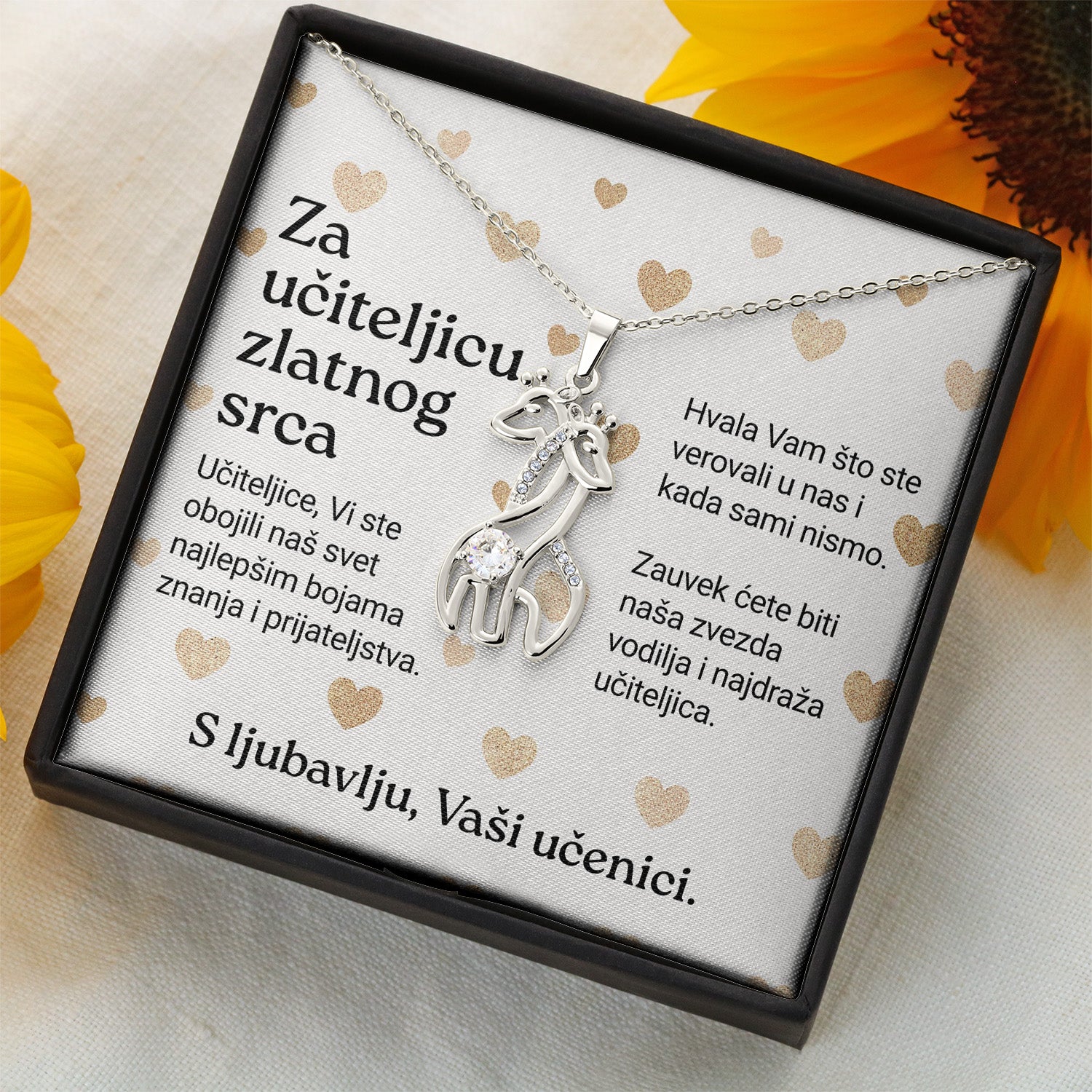 Za učiteljicu zlatnog srca- Posveta sa lančićem za učiteljicu (Žirafa)