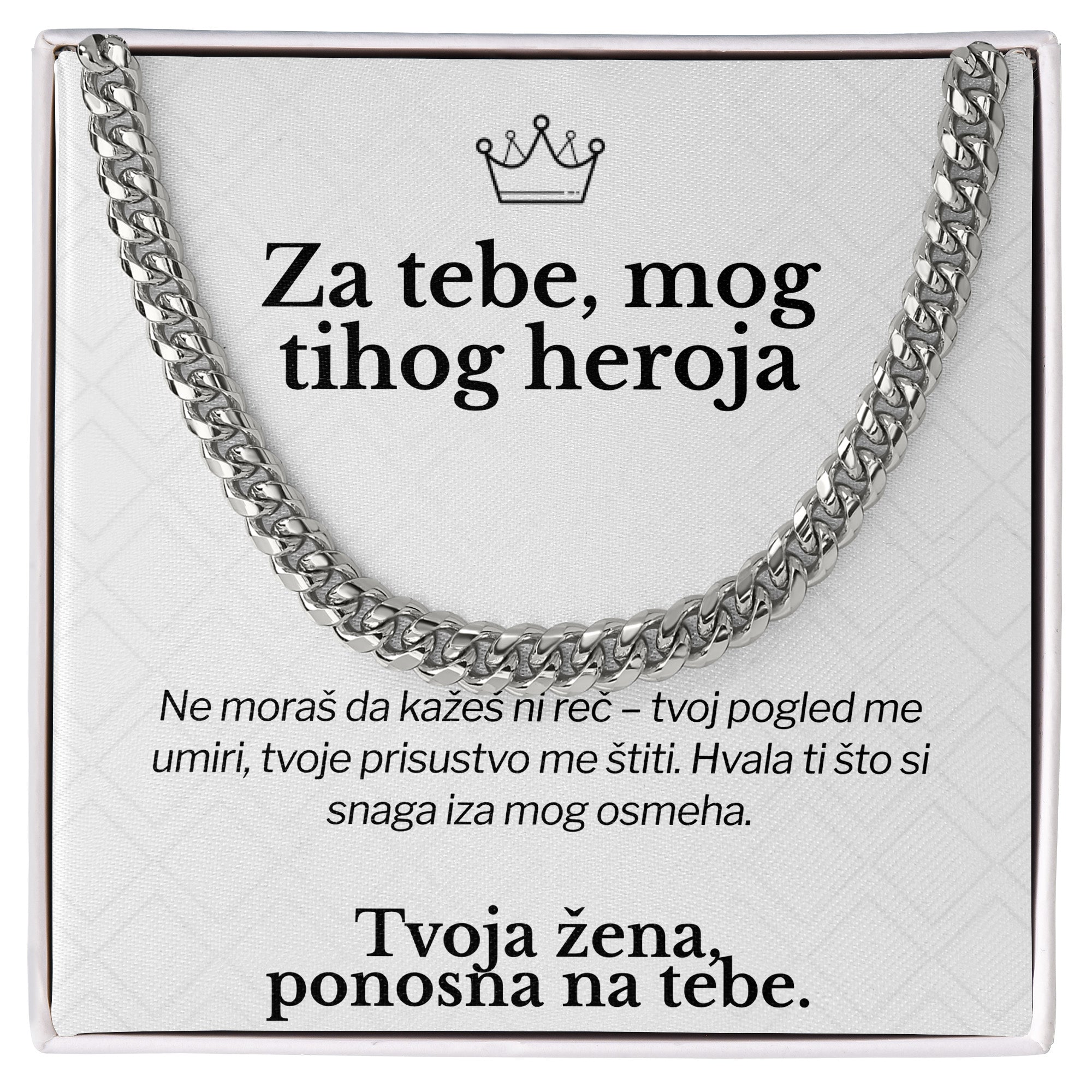 Za tebe, mog tihog heroja – Posveta sa lančićem za muža od žene