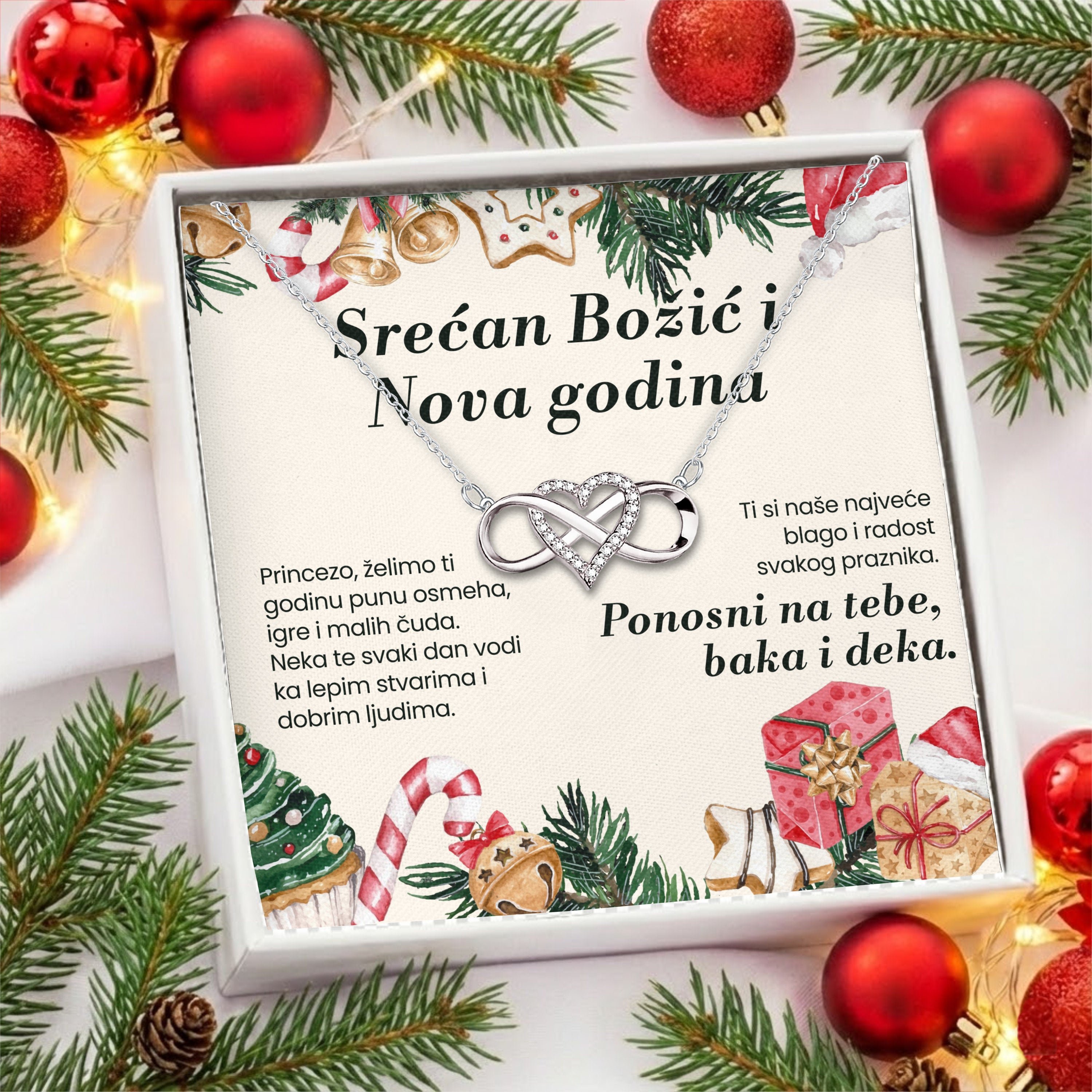 Srećan Božić i Nova godina, unuci - Posveta sa lančićem za Božić za unuku