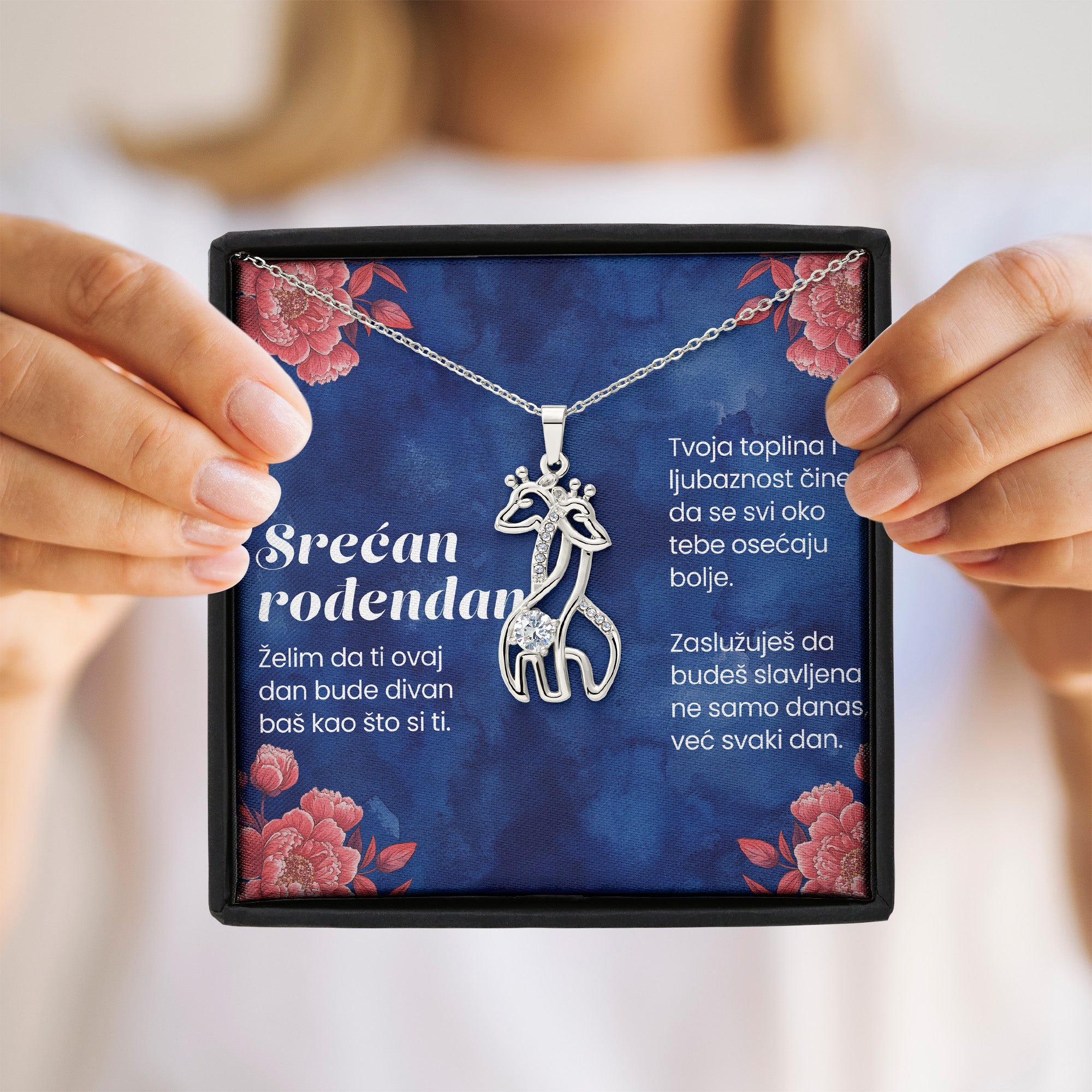 Srećan rođendan! - Posveta sa lančićem za rođendan (Žirafa), cvetna