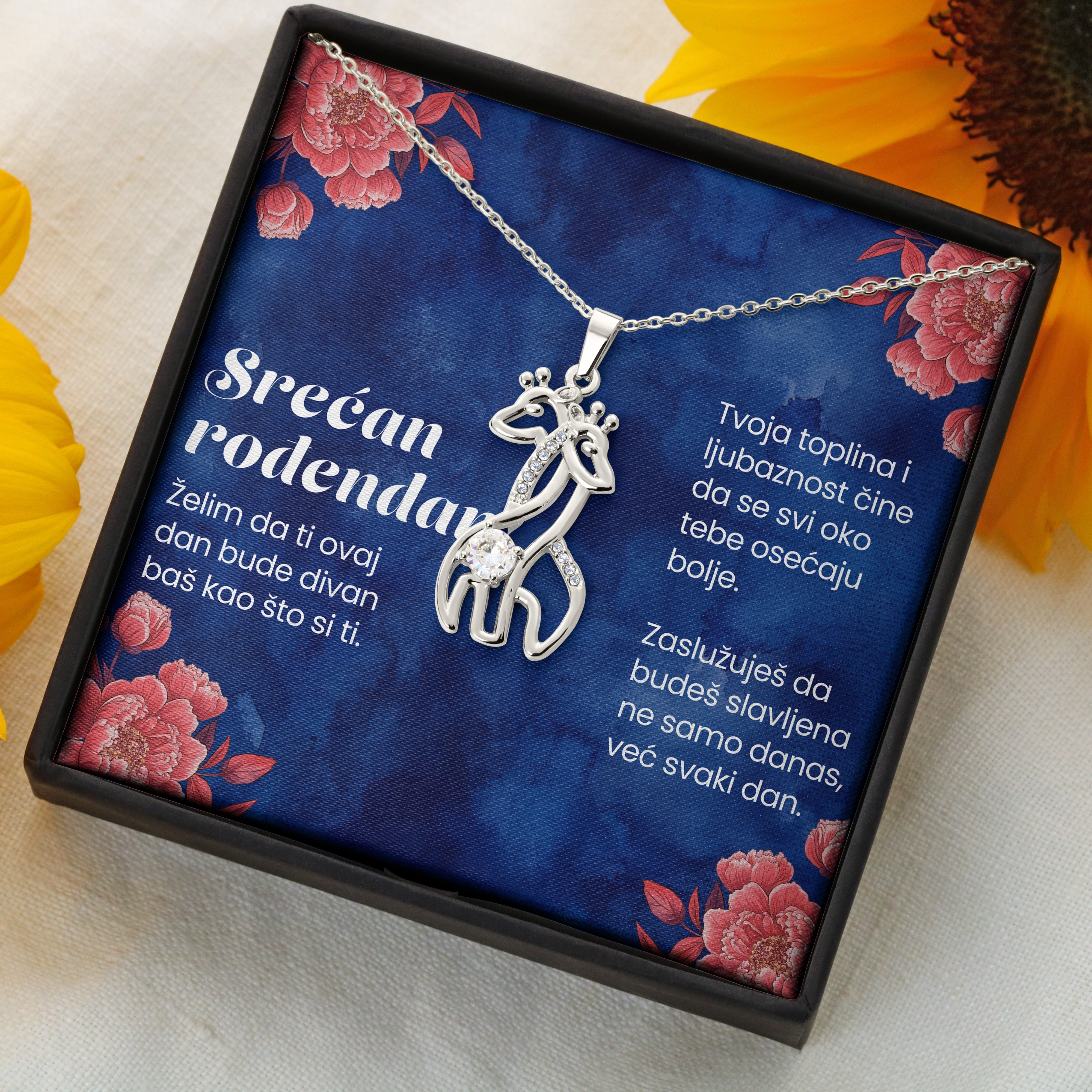 Srećan rođendan! - Posveta sa lančićem za rođendan (Žirafa), cvetna