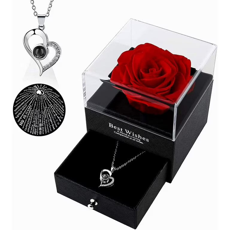 Romantični poklon set: Večna ruža i ogrlica sa natpisom VOLIM TE na 100 jezika